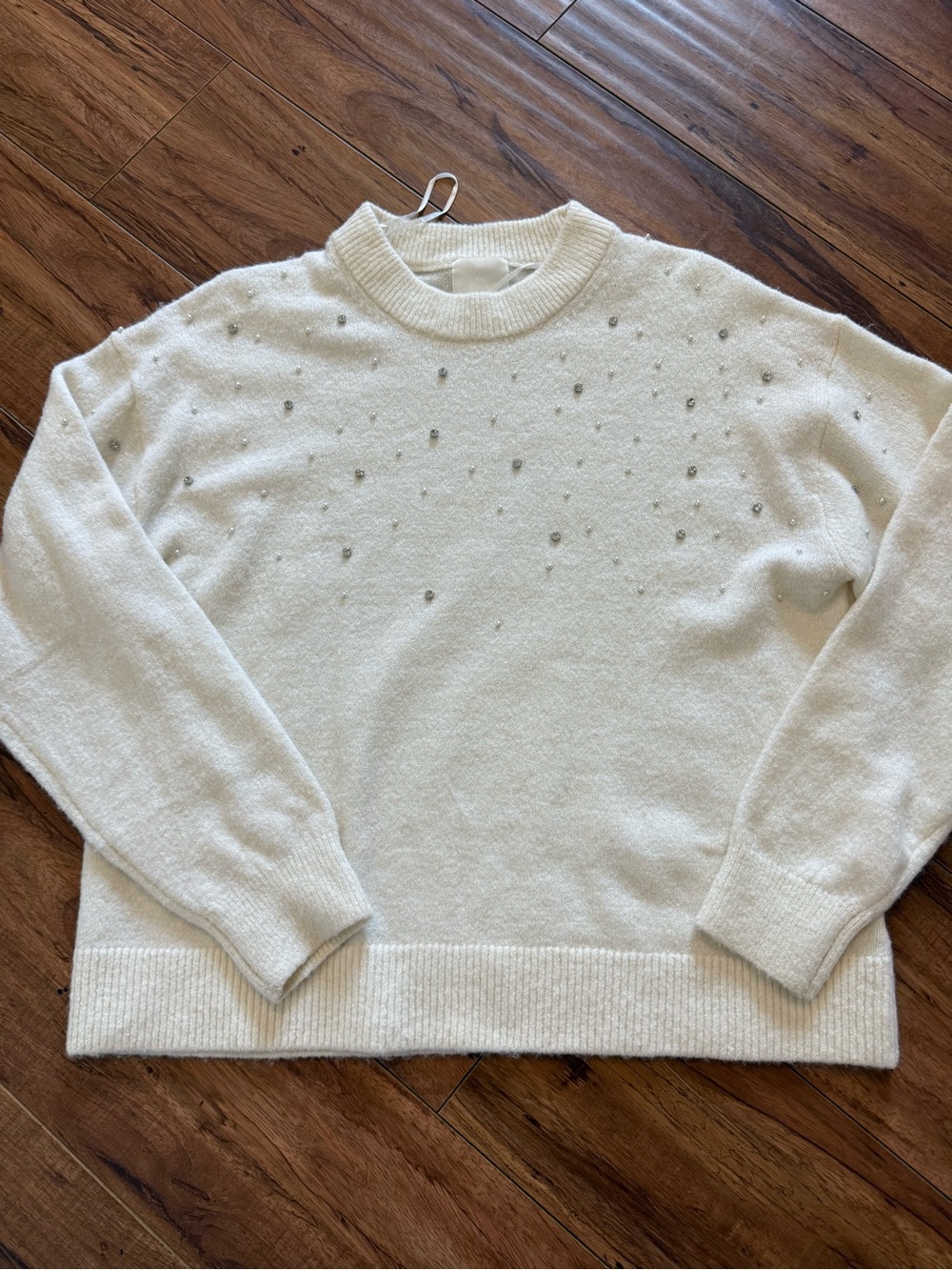 H&M Womens cream Beaded Crewneck Sweater